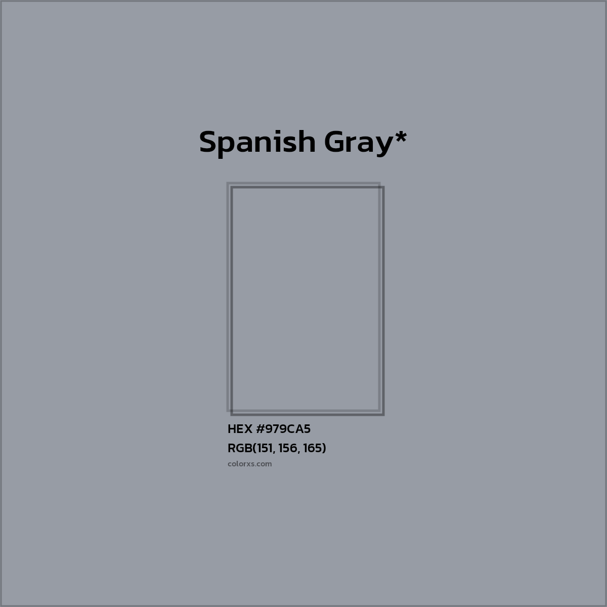 #979CA5 hex color. RGB, RYB, CMYK, HSL, HSV codes and color conversions. Matching color names, palettes, paints.
