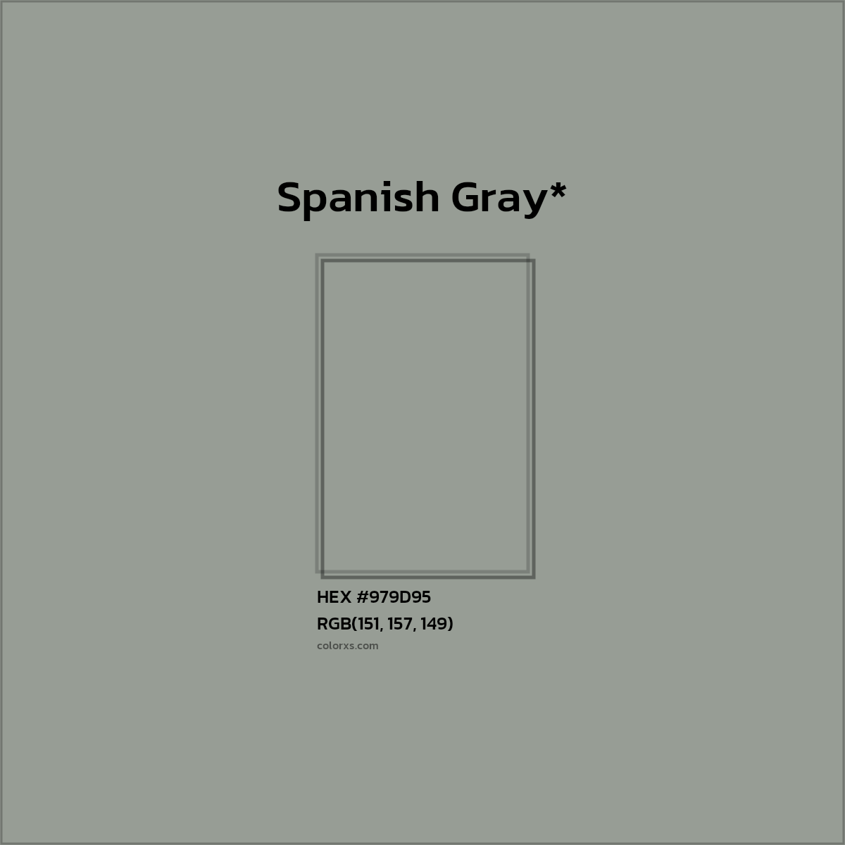 #979D95 hex color. RGB, RYB, CMYK, HSL, HSV codes and color conversions. Matching color names, palettes, paints.