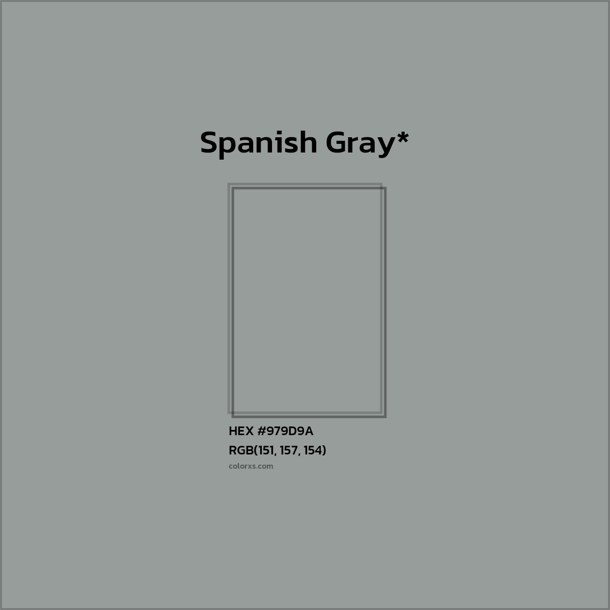 #979D9A hex color. RGB, RYB, CMYK, HSL, HSV codes and color conversions. Matching color names, palettes, paints.