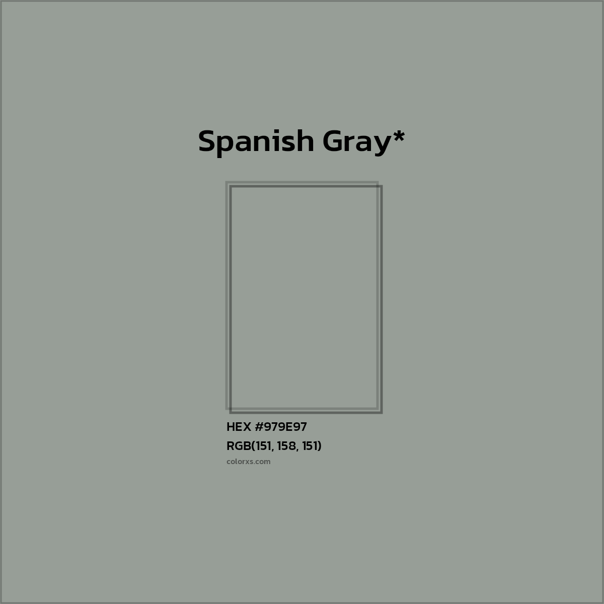 #979E97 hex color. RGB, RYB, CMYK, HSL, HSV codes and color conversions. Matching color names, palettes, paints.