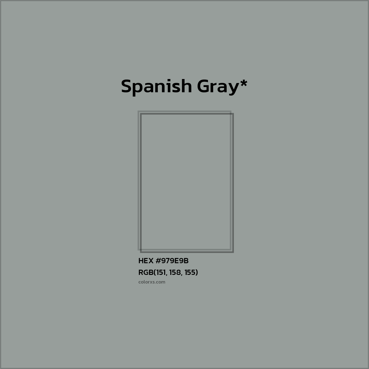 #979E9B hex color. RGB, RYB, CMYK, HSL, HSV codes and color conversions. Matching color names, palettes, paints.