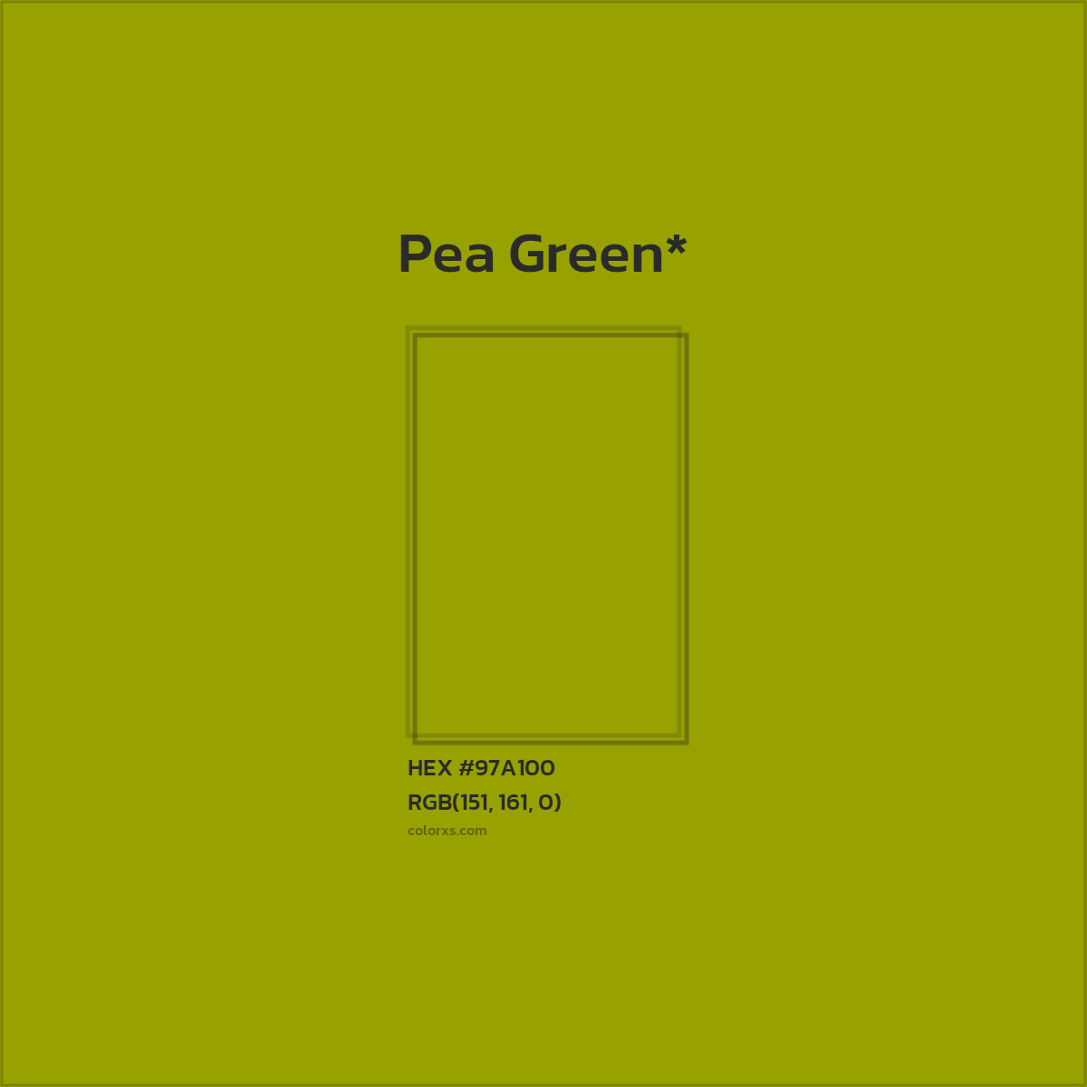 #97A100 hex color. RGB, RYB, CMYK, HSL, HSV codes and color conversions. Matching color names, palettes, paints.