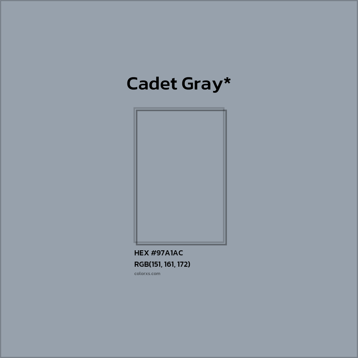 #97A1AC hex color. RGB, RYB, CMYK, HSL, HSV codes and color conversions. Matching color names, palettes, paints.