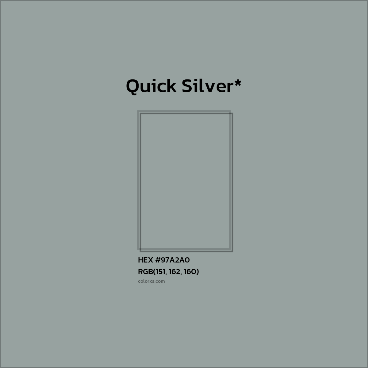 #97A2A0 hex color. RGB, RYB, CMYK, HSL, HSV codes and color conversions. Matching color names, palettes, paints.