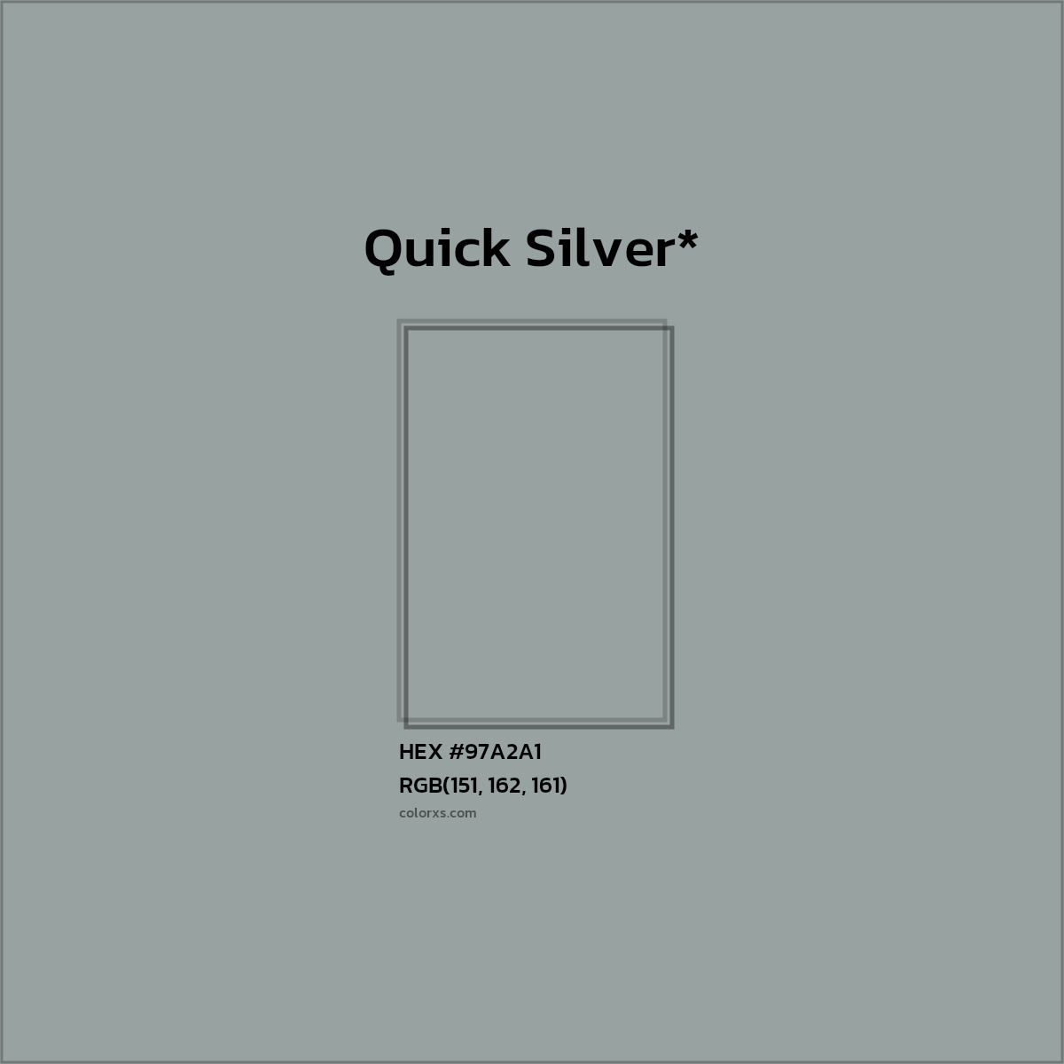 #97A2A1 hex color. RGB, RYB, CMYK, HSL, HSV codes and color conversions. Matching color names, palettes, paints.