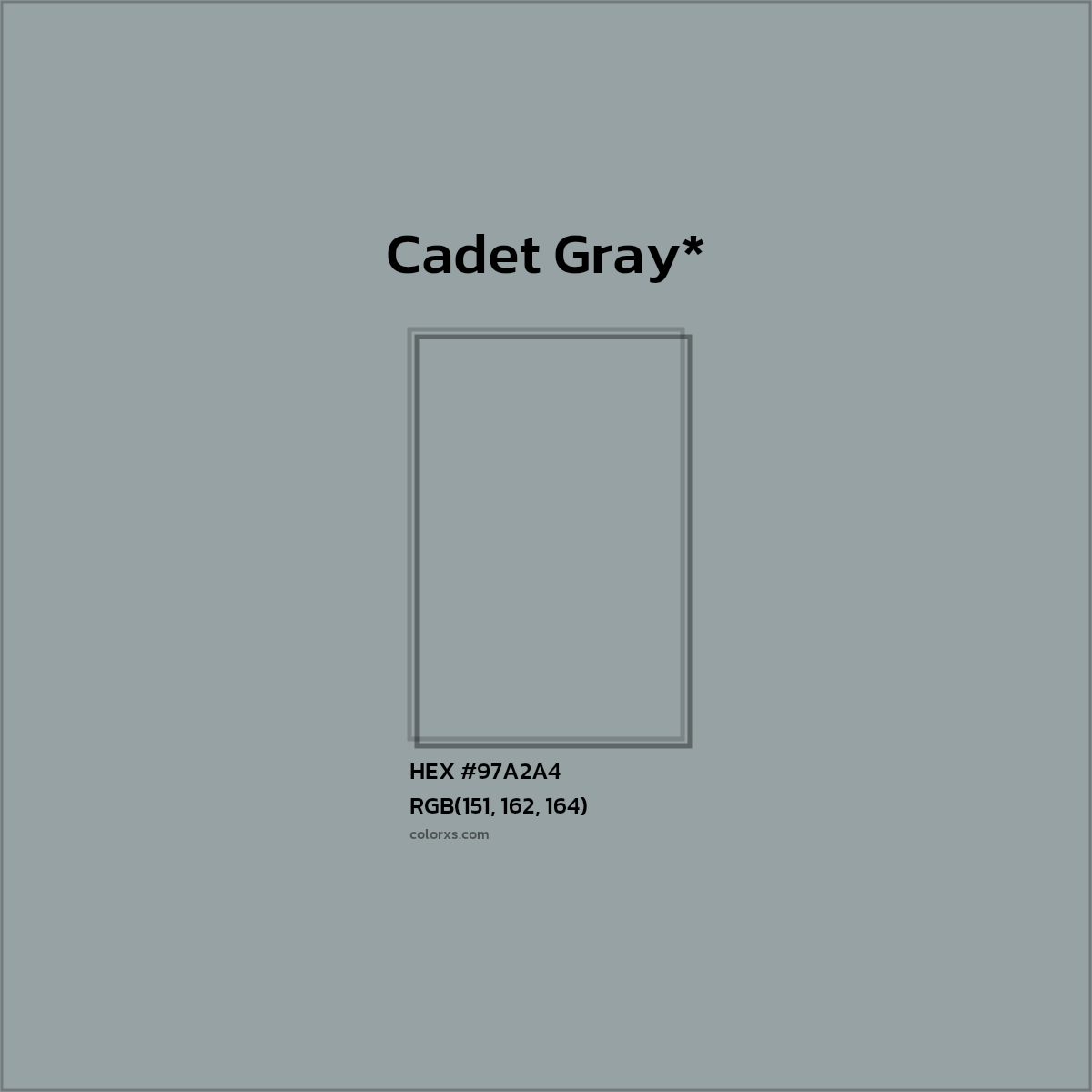 #97A2A4 hex color. RGB, RYB, CMYK, HSL, HSV codes and color conversions. Matching color names, palettes, paints.