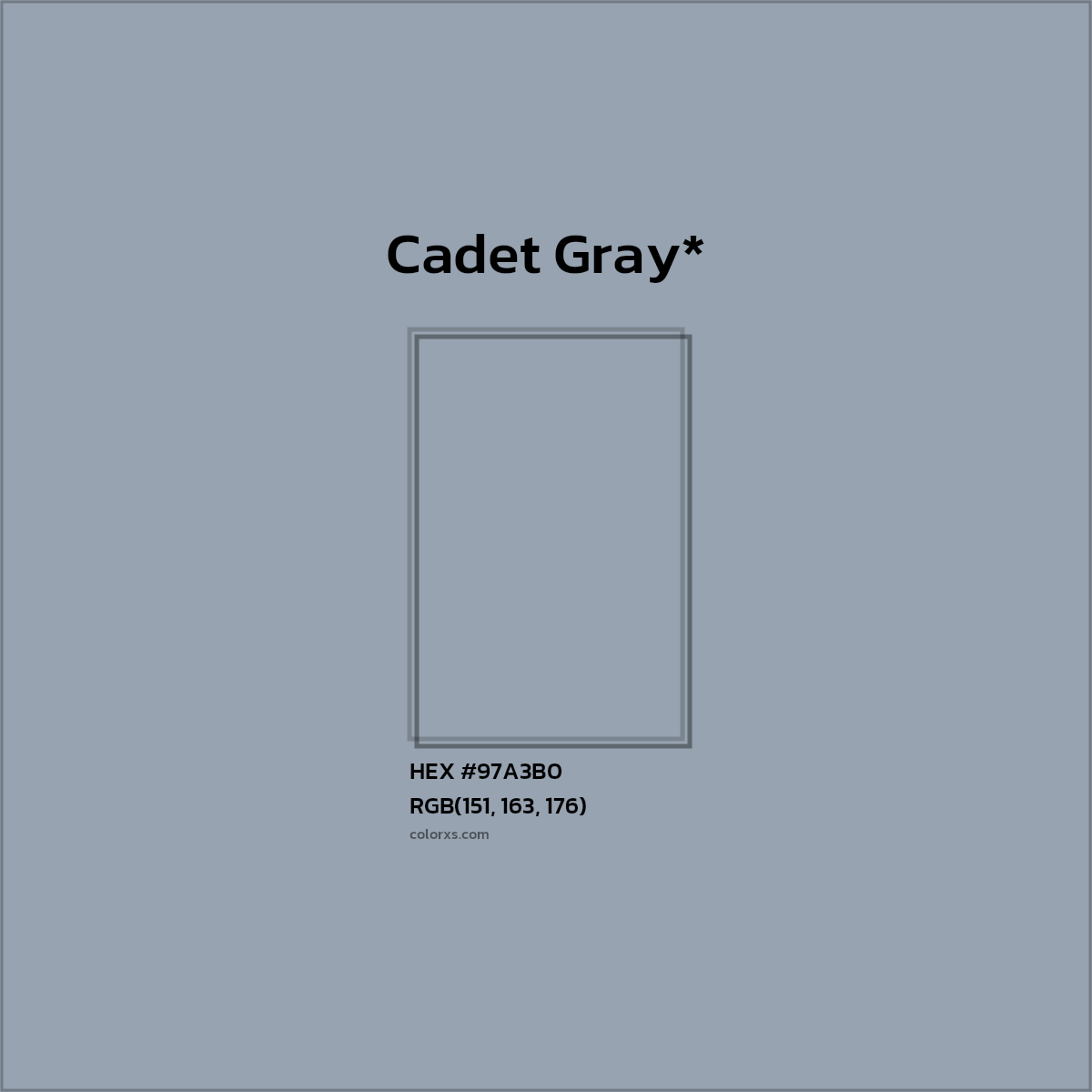 #97A3B0 hex color. RGB, RYB, CMYK, HSL, HSV codes and color conversions. Matching color names, palettes, paints.