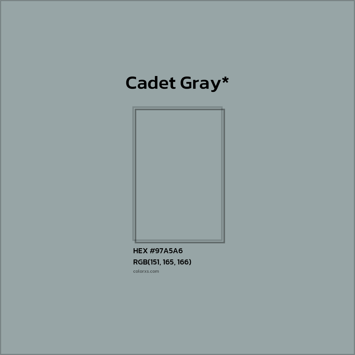 #97A5A6 hex color. RGB, RYB, CMYK, HSL, HSV codes and color conversions. Matching color names, palettes, paints.