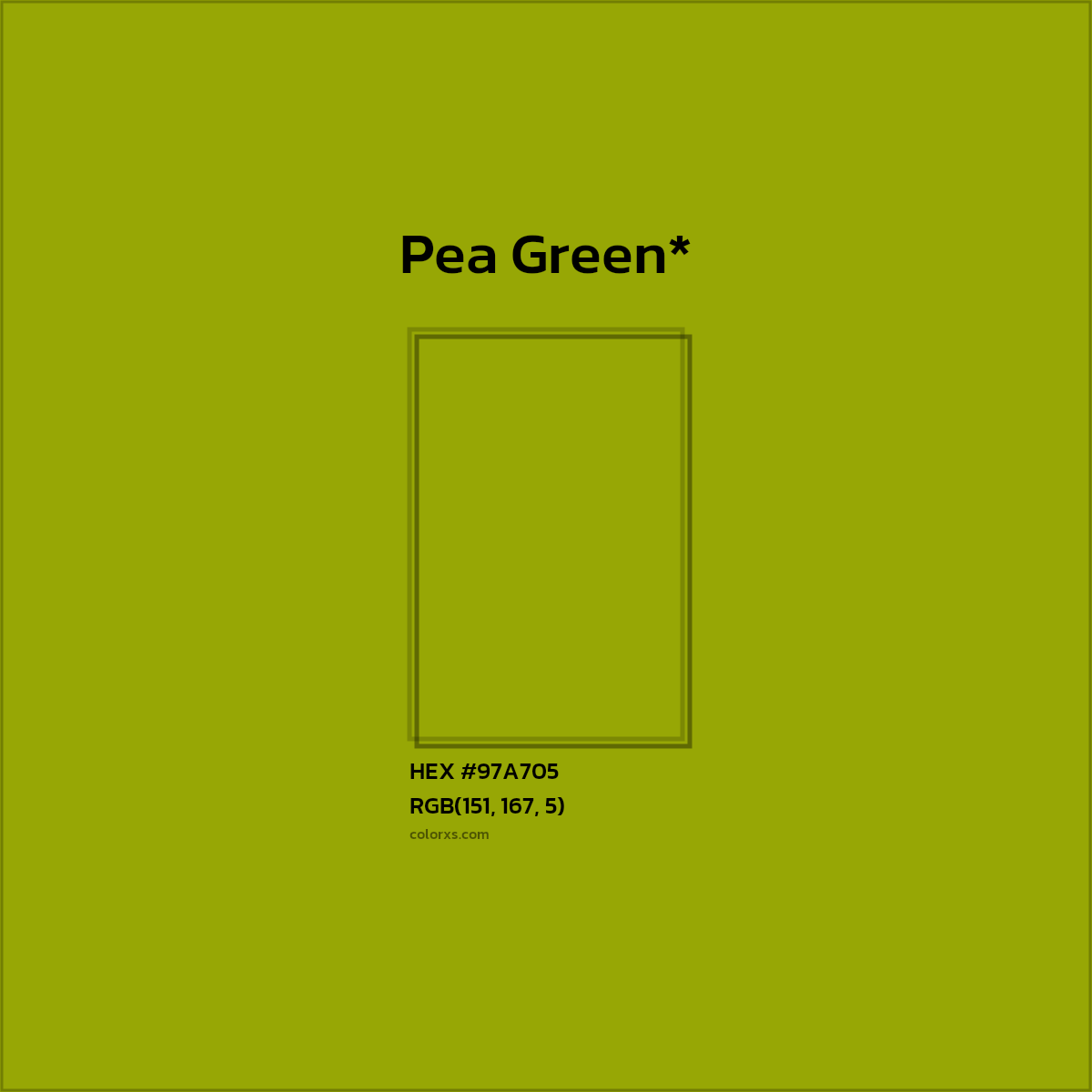 #97A705 hex color. RGB, RYB, CMYK, HSL, HSV codes and color conversions. Matching color names, palettes, paints.