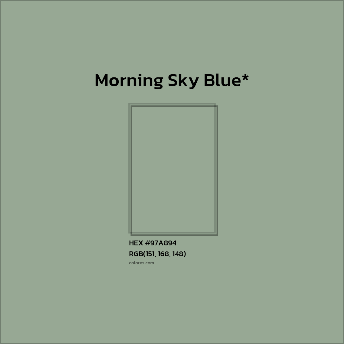 #97A894 hex color. RGB, RYB, CMYK, HSL, HSV codes and color conversions. Matching color names, palettes, paints.