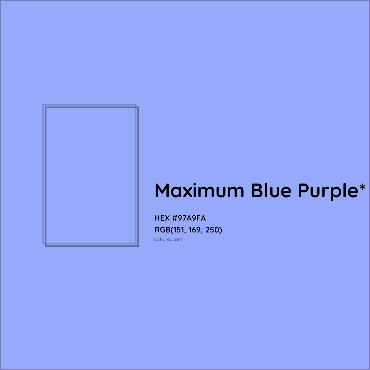 #97A9FA hex color. RGB, RYB, CMYK, HSL, HSV codes and color conversions. Matching color names, palettes, paints.