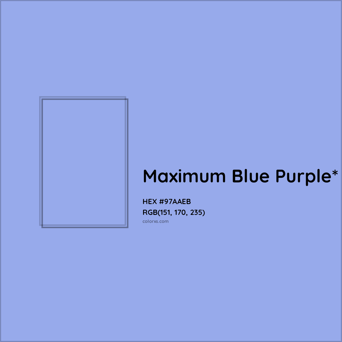 #97AAEB hex color. RGB, RYB, CMYK, HSL, HSV codes and color conversions. Matching color names, palettes, paints.