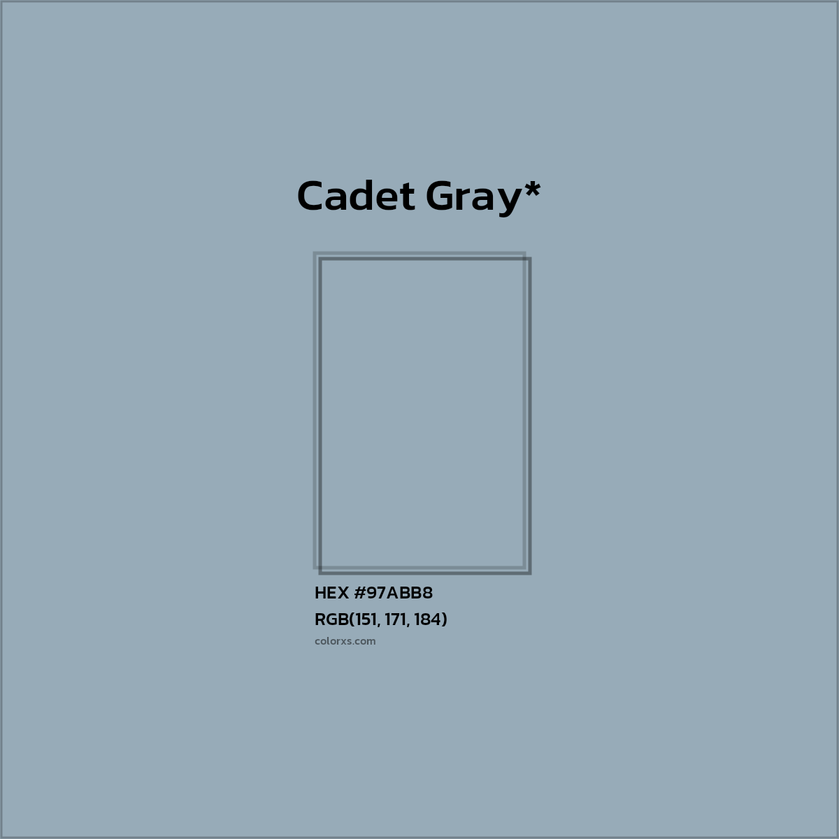 #97ABB8 hex color. RGB, RYB, CMYK, HSL, HSV codes and color conversions. Matching color names, palettes, paints.