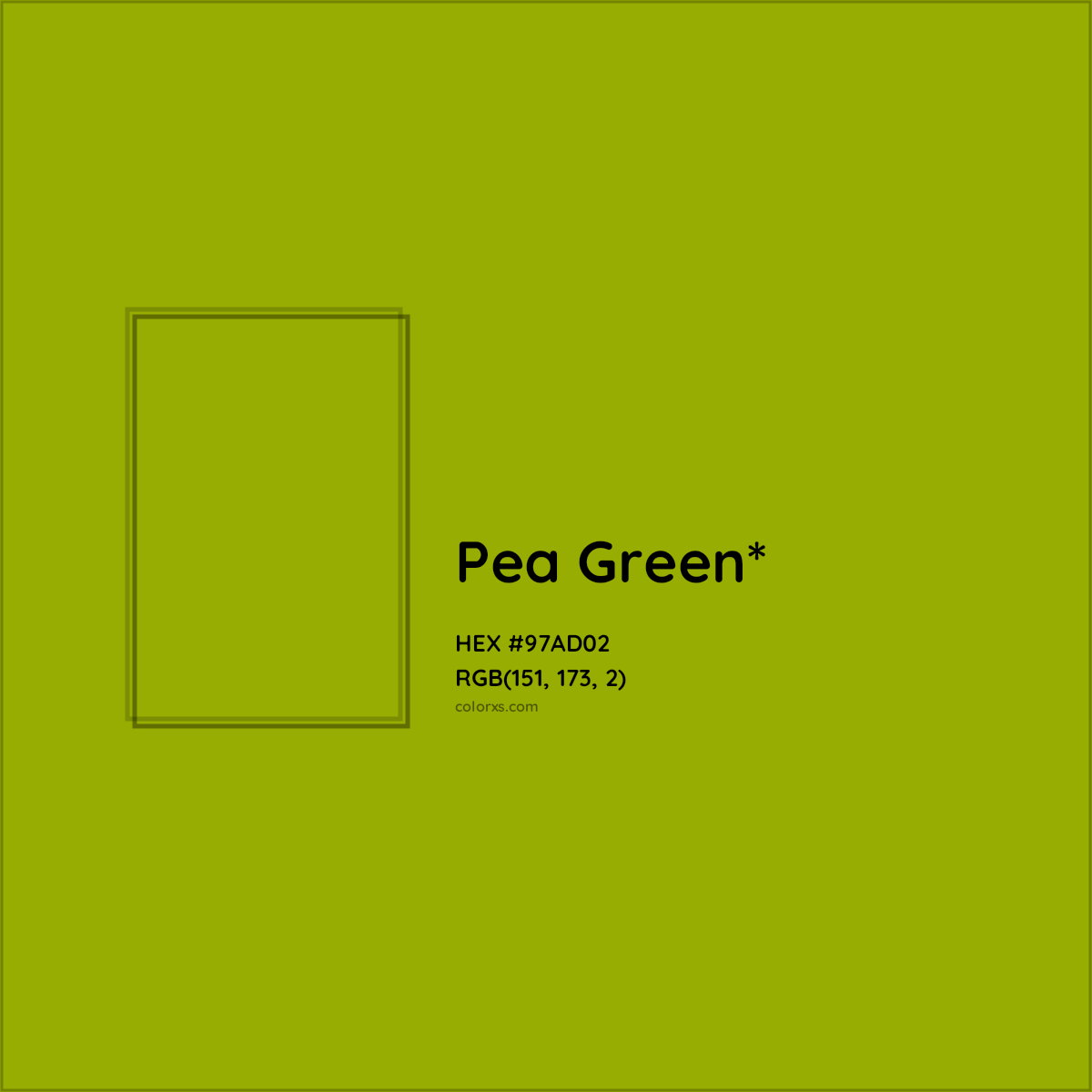 #97AD02 hex color. RGB, RYB, CMYK, HSL, HSV codes and color conversions. Matching color names, palettes, paints.