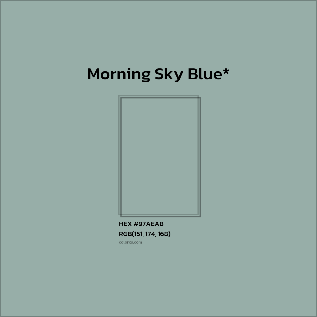 #97AEA8 hex color. RGB, RYB, CMYK, HSL, HSV codes and color conversions. Matching color names, palettes, paints.