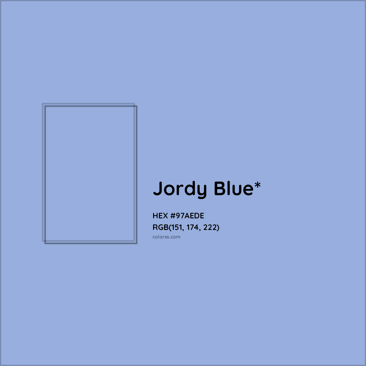 #97AEDE hex color. RGB, RYB, CMYK, HSL, HSV codes and color conversions. Matching color names, palettes, paints.