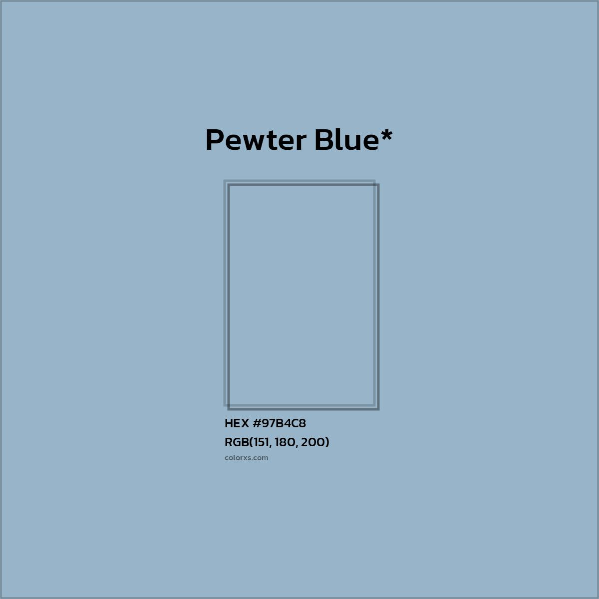 #97B4C8 hex color. RGB, RYB, CMYK, HSL, HSV codes and color conversions. Matching color names, palettes, paints.