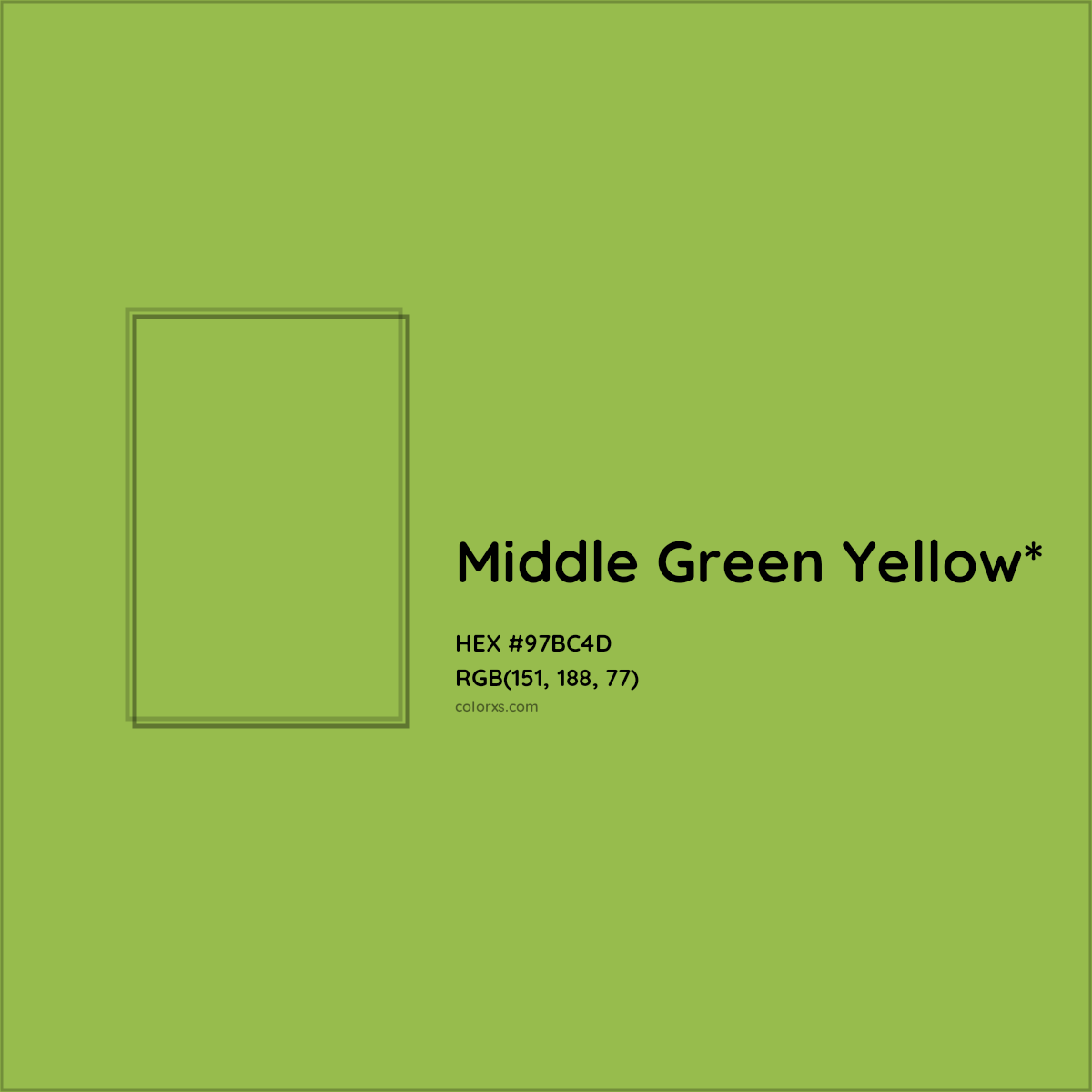 #97BC4D hex color. RGB, RYB, CMYK, HSL, HSV codes and color conversions. Matching color names, palettes, paints.
