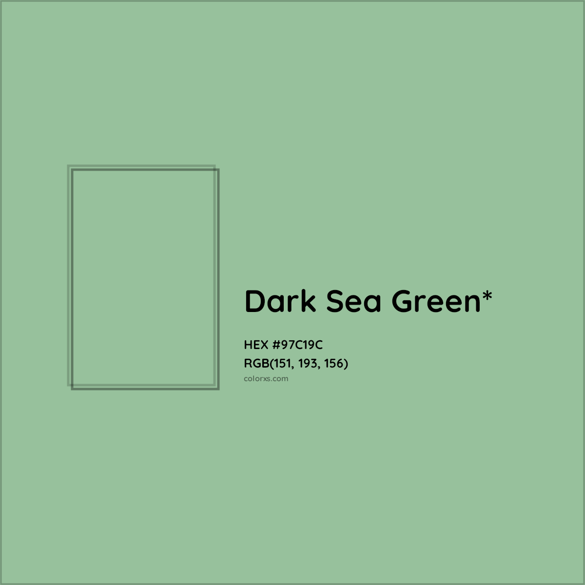 #97C19C hex color. RGB, RYB, CMYK, HSL, HSV codes and color conversions. Matching color names, palettes, paints.