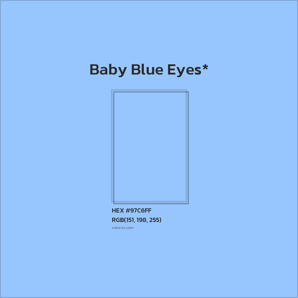#97C6FF hex color. RGB, RYB, CMYK, HSL, HSV codes and color conversions. Matching color names, palettes, paints.