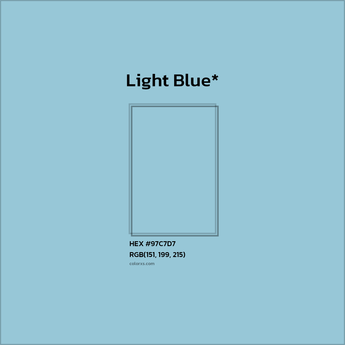 #97C7D7 hex color. RGB, RYB, CMYK, HSL, HSV codes and color conversions. Matching color names, palettes, paints.