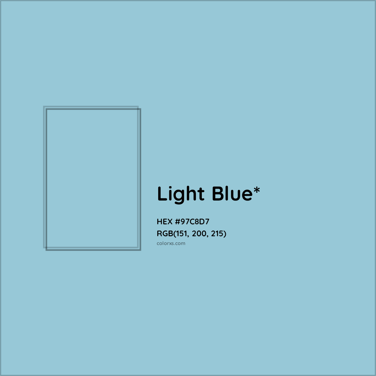 #97C8D7 hex color. RGB, RYB, CMYK, HSL, HSV codes and color conversions. Matching color names, palettes, paints.