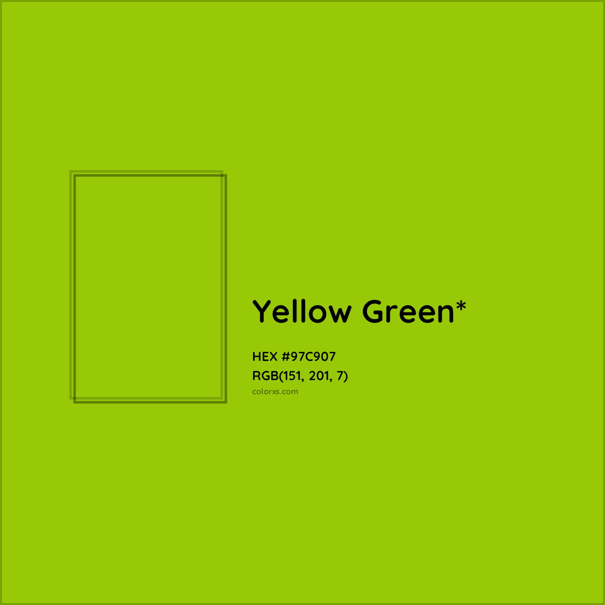 #97C907 hex color. RGB, RYB, CMYK, HSL, HSV codes and color conversions. Matching color names, palettes, paints.