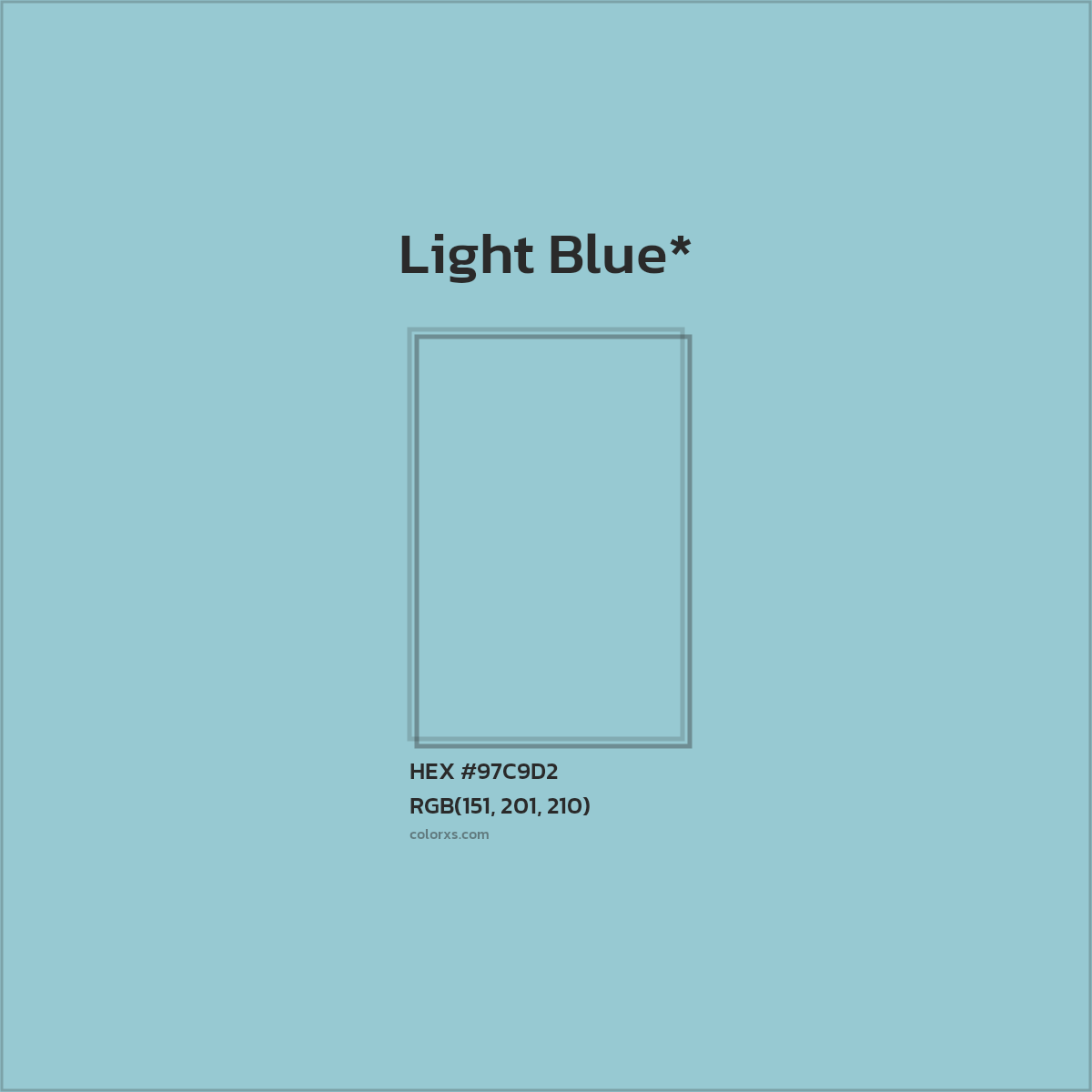#97C9D2 hex color. RGB, RYB, CMYK, HSL, HSV codes and color conversions. Matching color names, palettes, paints.