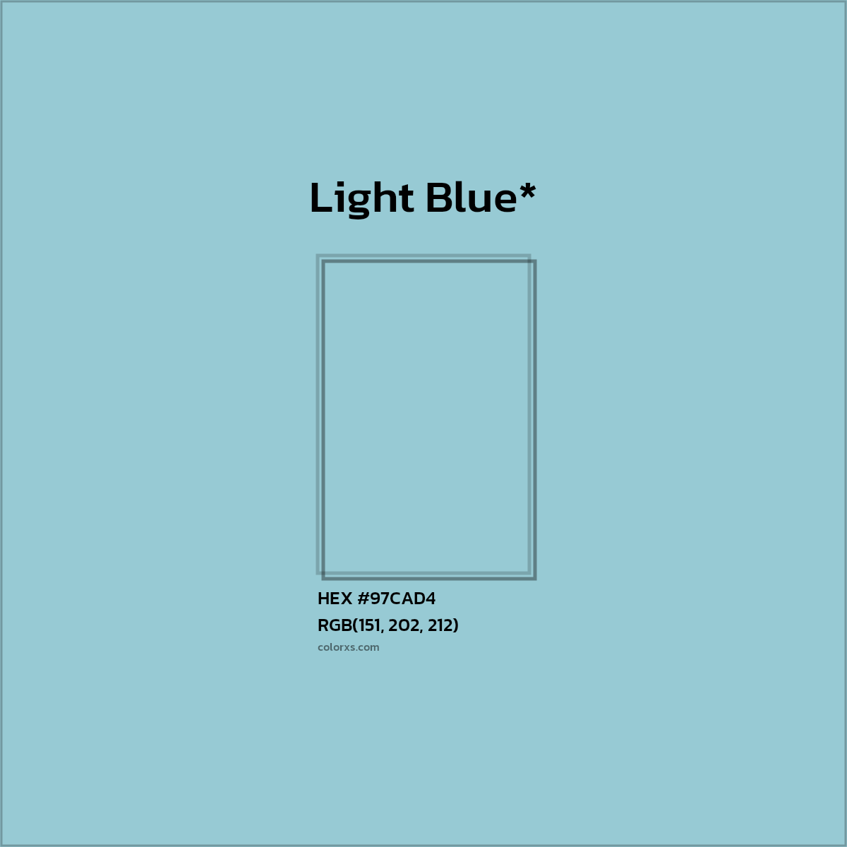 #97CAD4 hex color. RGB, RYB, CMYK, HSL, HSV codes and color conversions. Matching color names, palettes, paints.
