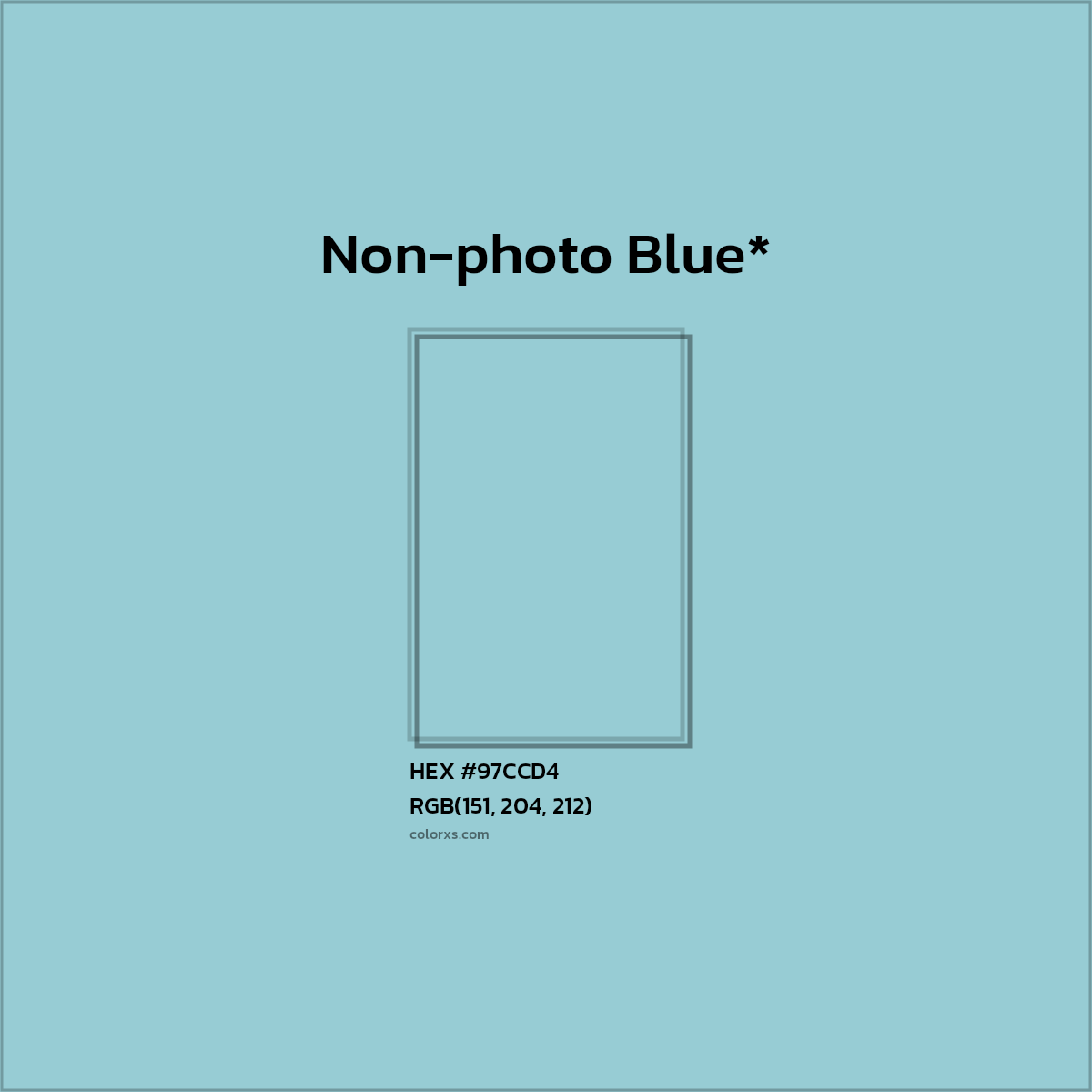 #97CCD4 hex color. RGB, RYB, CMYK, HSL, HSV codes and color conversions. Matching color names, palettes, paints.