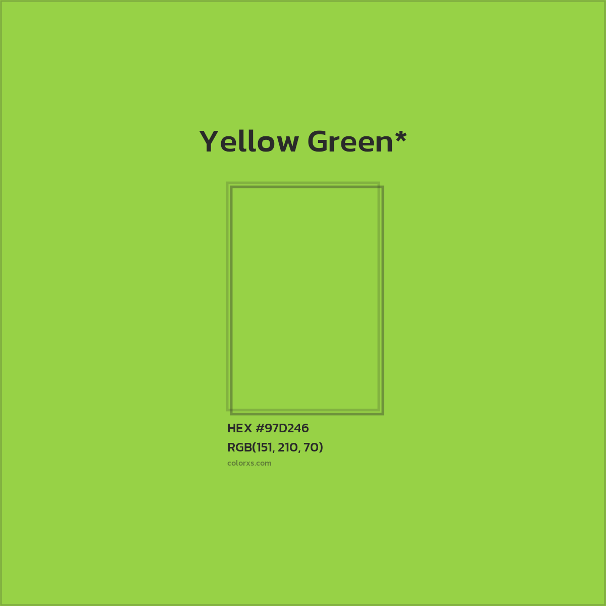 #97D246 hex color. RGB, RYB, CMYK, HSL, HSV codes and color conversions. Matching color names, palettes, paints.