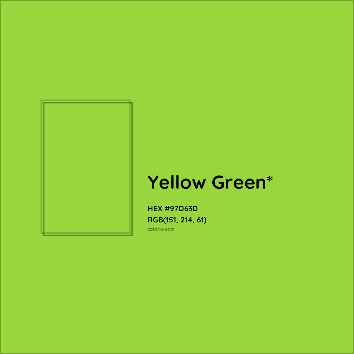 #97D63D hex color. RGB, RYB, CMYK, HSL, HSV codes and color conversions. Matching color names, palettes, paints.