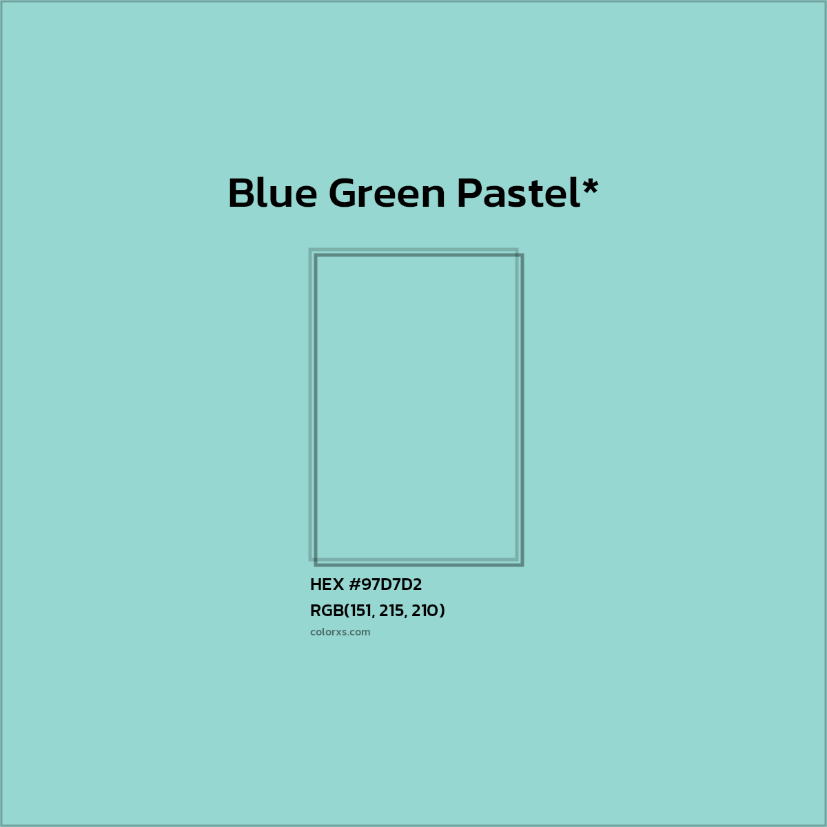 #97D7D2 hex color. RGB, RYB, CMYK, HSL, HSV codes and color conversions. Matching color names, palettes, paints.