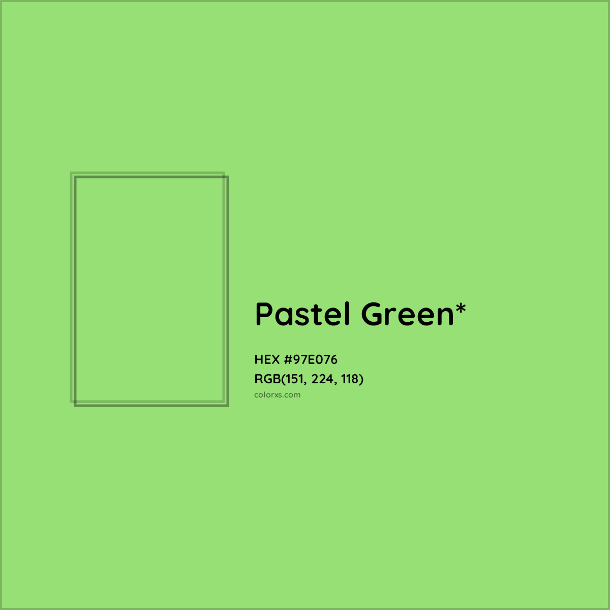 #97E076 hex color. RGB, RYB, CMYK, HSL, HSV codes and color conversions. Matching color names, palettes, paints.