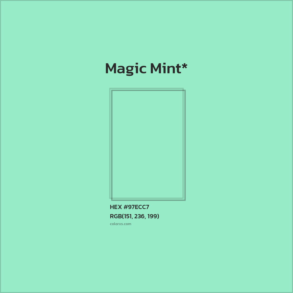#97ECC7 hex color. RGB, RYB, CMYK, HSL, HSV codes and color conversions. Matching color names, palettes, paints.