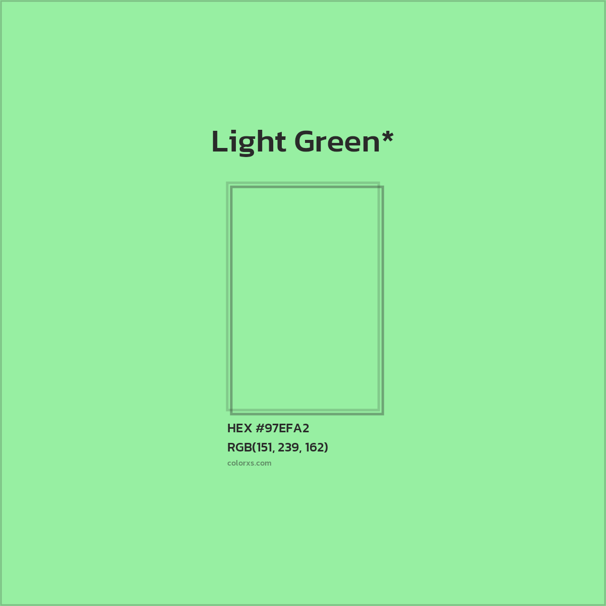 #97EFA2 hex color. RGB, RYB, CMYK, HSL, HSV codes and color conversions. Matching color names, palettes, paints.