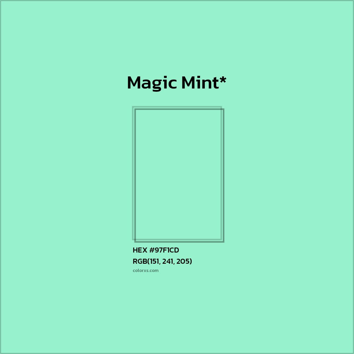 #97F1CD hex color. RGB, RYB, CMYK, HSL, HSV codes and color conversions. Matching color names, palettes, paints.