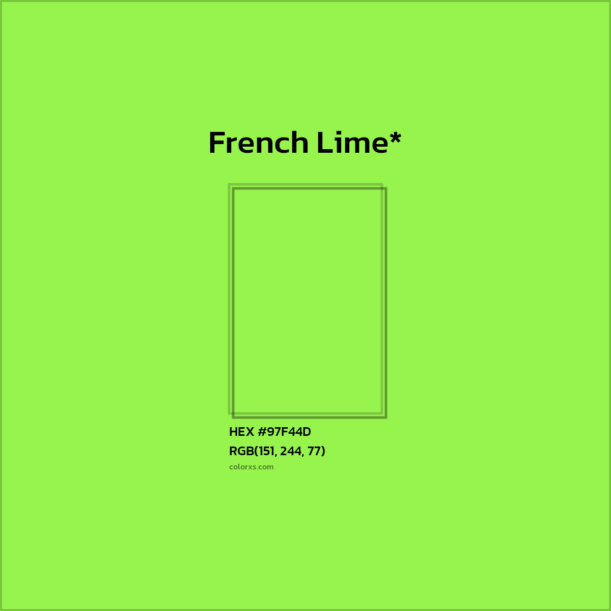 #97F44D hex color. RGB, RYB, CMYK, HSL, HSV codes and color conversions. Matching color names, palettes, paints.