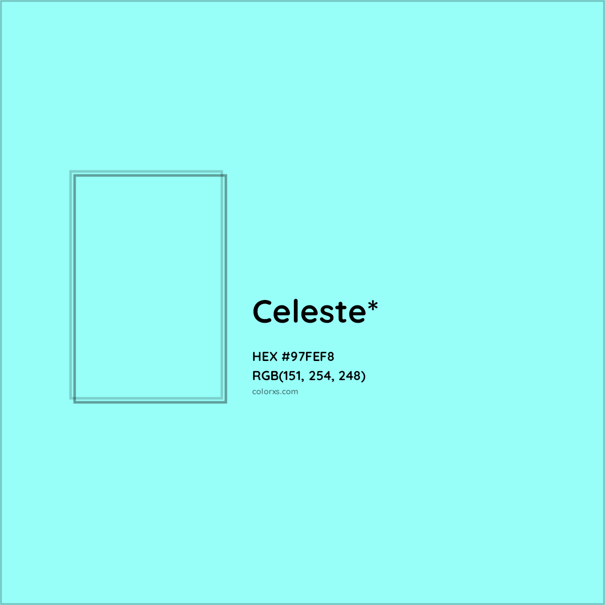 #97FEF8 hex color. RGB, RYB, CMYK, HSL, HSV codes and color conversions. Matching color names, palettes, paints.