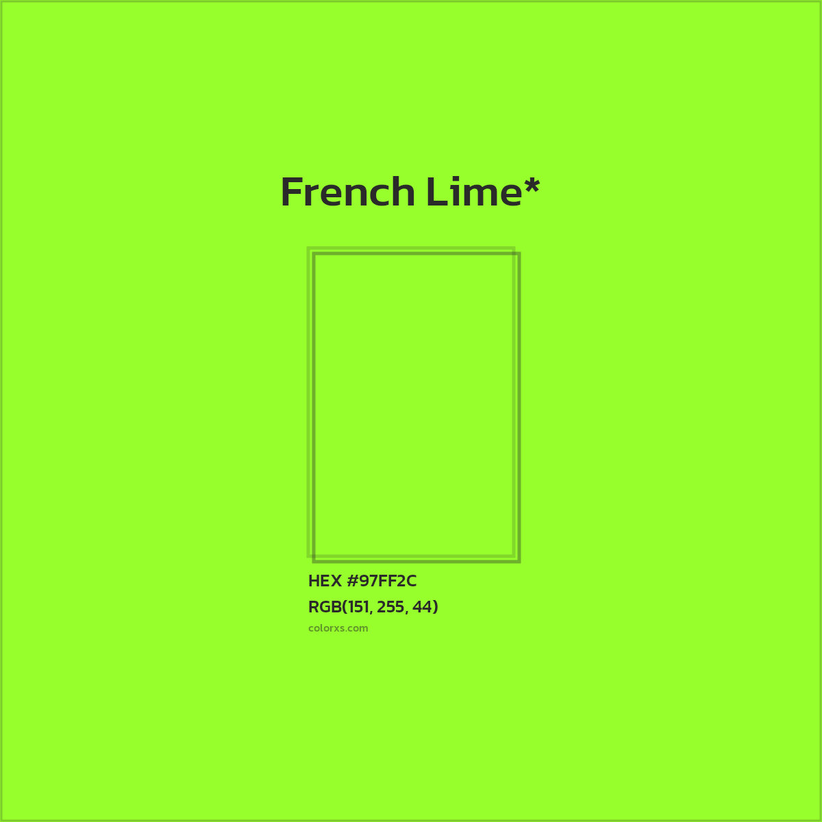 #97FF2C hex color. RGB, RYB, CMYK, HSL, HSV codes and color conversions. Matching color names, palettes, paints.