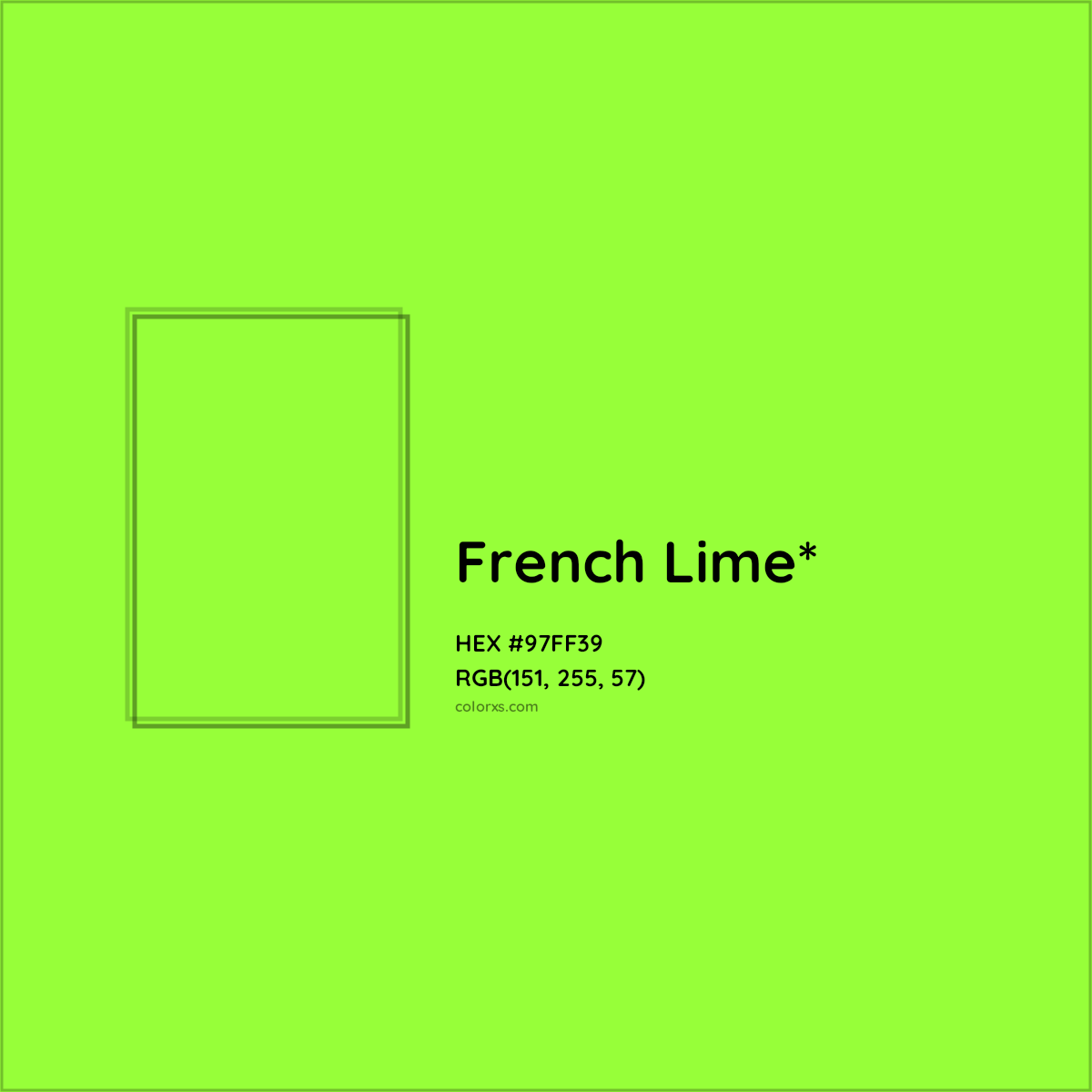 #97FF39 hex color. RGB, RYB, CMYK, HSL, HSV codes and color conversions. Matching color names, palettes, paints.