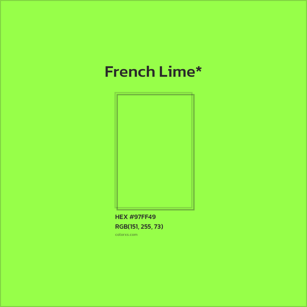 #97FF49 hex color. RGB, RYB, CMYK, HSL, HSV codes and color conversions. Matching color names, palettes, paints.