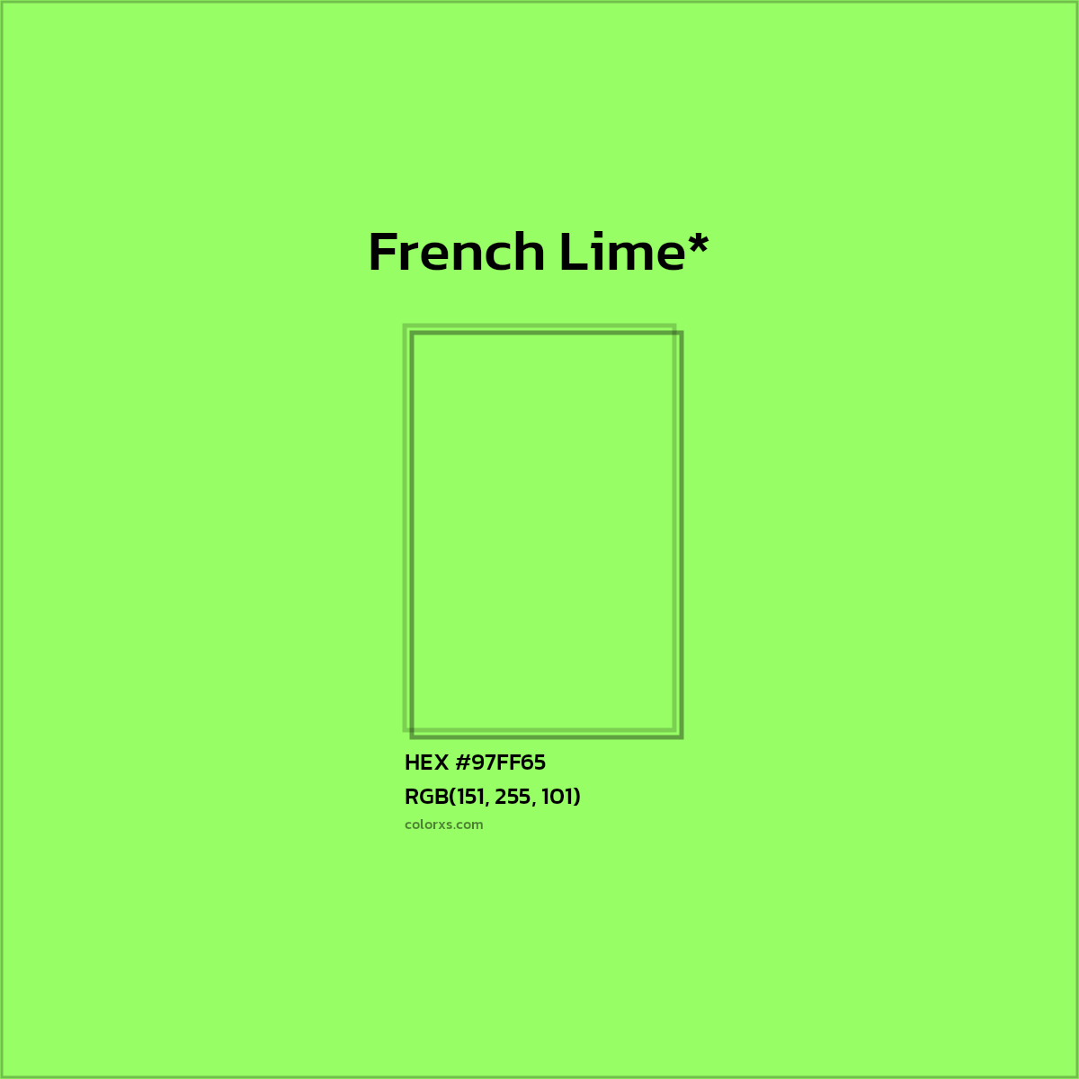 #97FF65 hex color. RGB, RYB, CMYK, HSL, HSV codes and color conversions. Matching color names, palettes, paints.