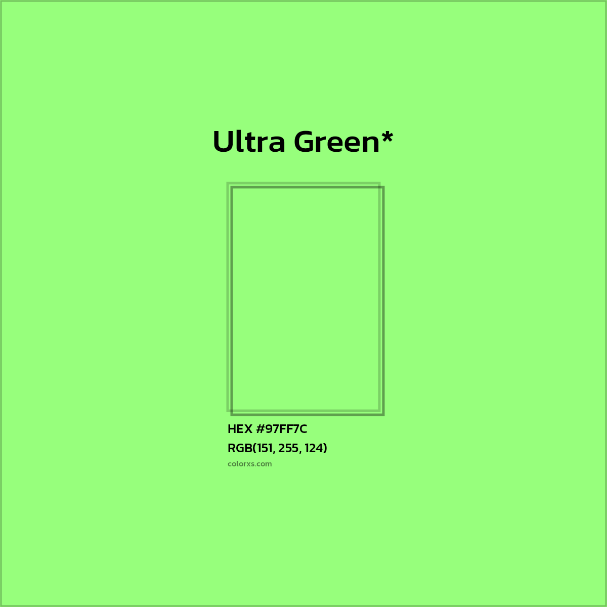 #97FF7C hex color. RGB, RYB, CMYK, HSL, HSV codes and color conversions. Matching color names, palettes, paints.