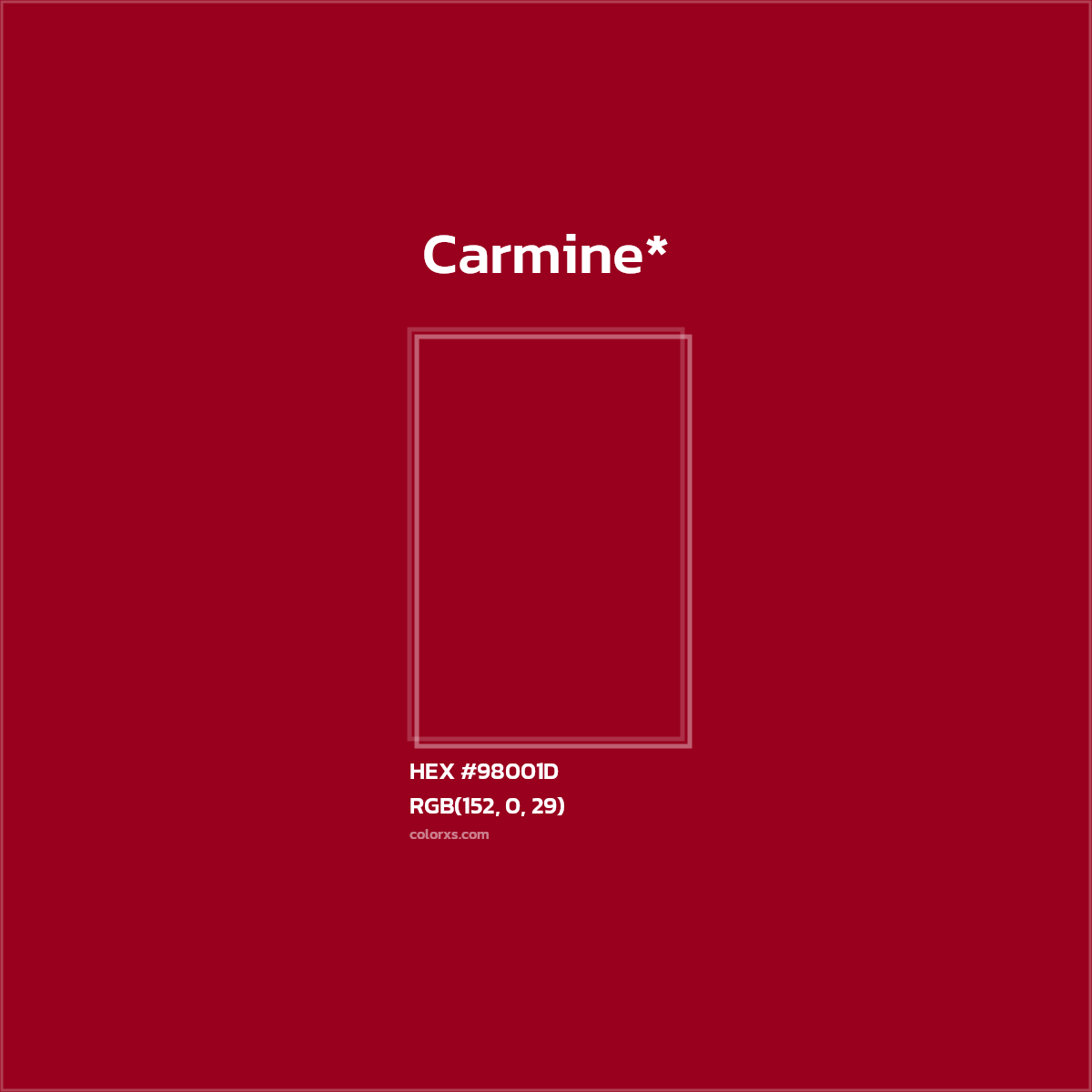 #98001D hex color. RGB, RYB, CMYK, HSL, HSV codes and color conversions. Matching color names, palettes, paints.