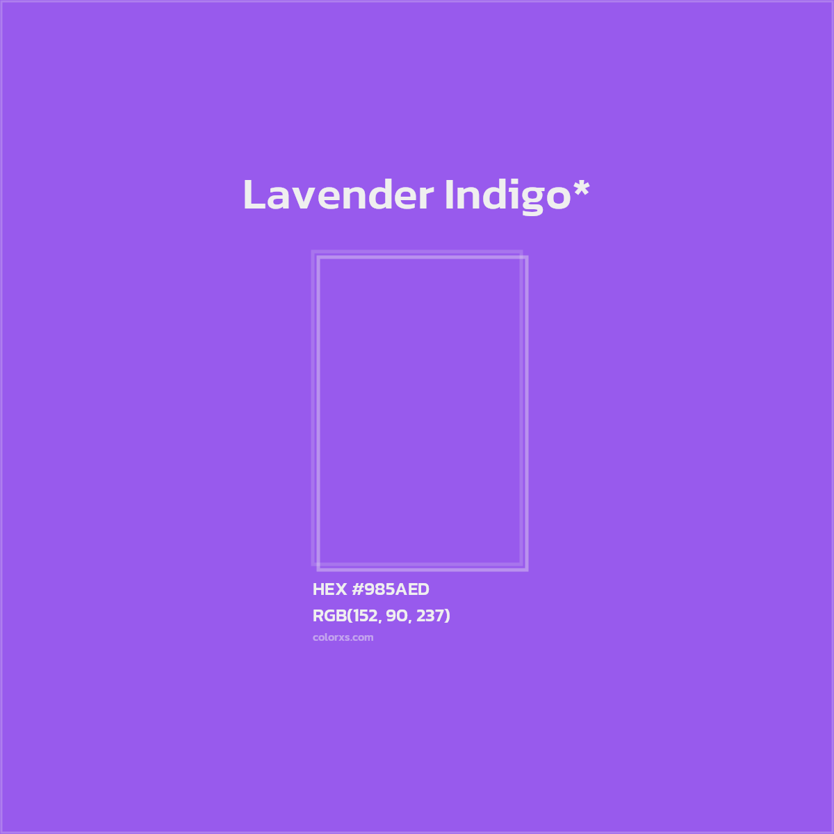 #985AED hex color. RGB, RYB, CMYK, HSL, HSV codes and color conversions. Matching color names, palettes, paints.