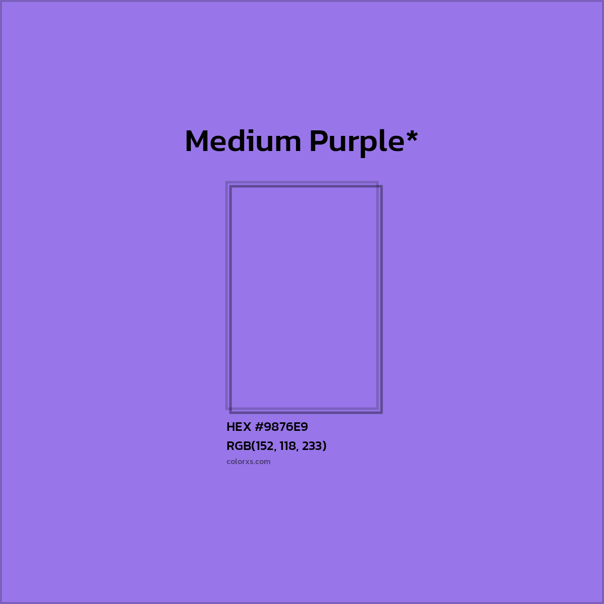 #9876E9 hex color. RGB, RYB, CMYK, HSL, HSV codes and color conversions. Matching color names, palettes, paints.
