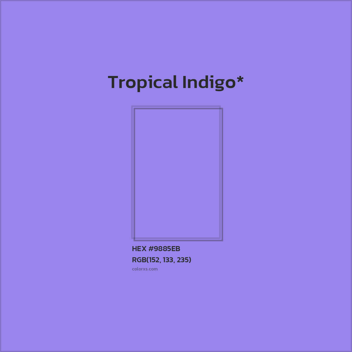 #9885EB hex color. RGB, RYB, CMYK, HSL, HSV codes and color conversions. Matching color names, palettes, paints.