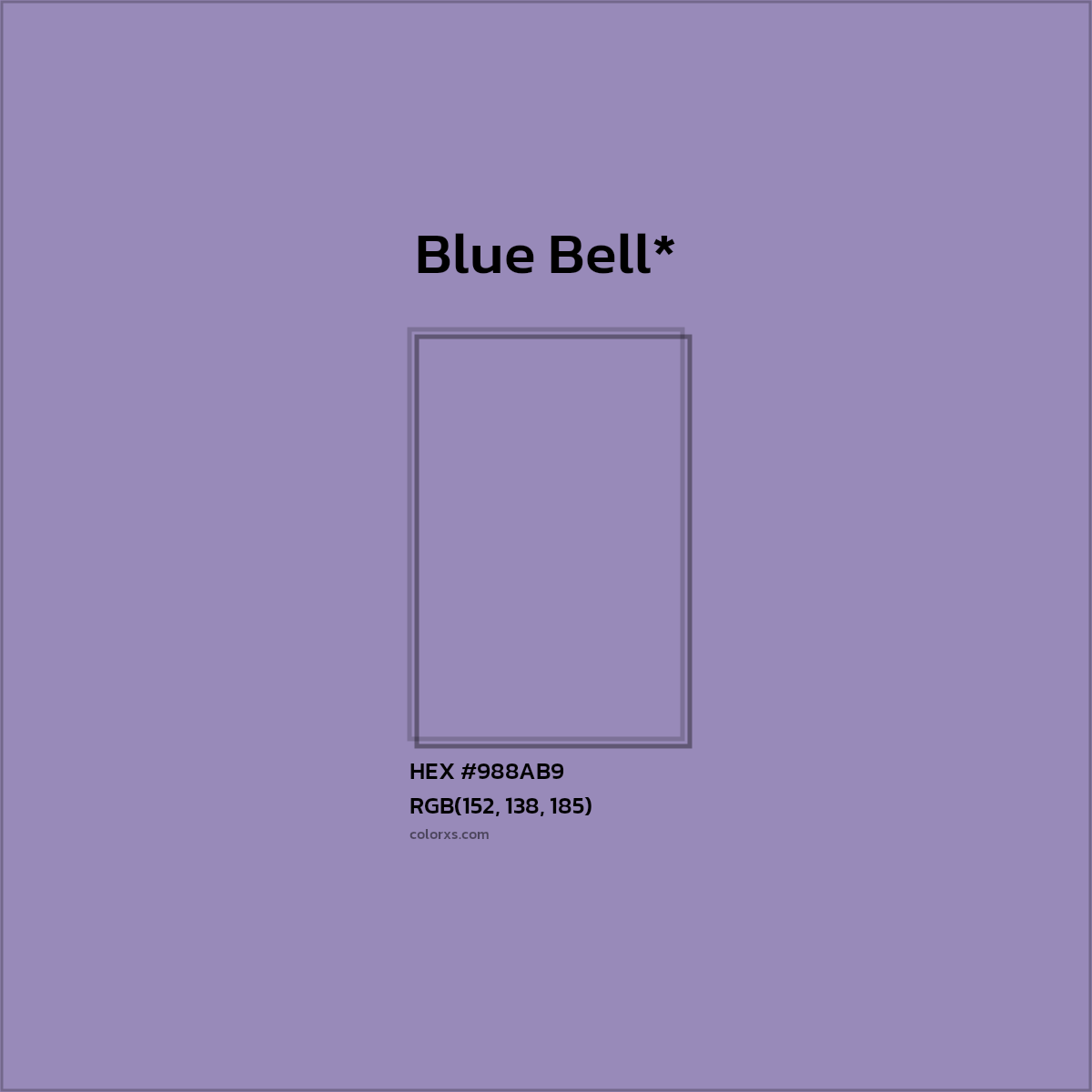 #988AB9 hex color. RGB, RYB, CMYK, HSL, HSV codes and color conversions. Matching color names, palettes, paints.