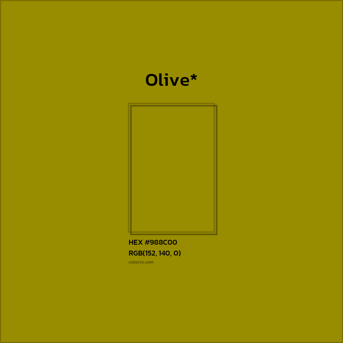 #988C00 hex color. RGB, RYB, CMYK, HSL, HSV codes and color conversions. Matching color names, palettes, paints.
